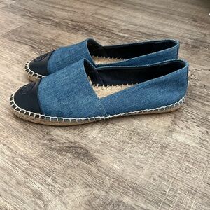 Tory Burch Indigo Light Wash Denim Chambray and Leather Espadrilles Size 8.5